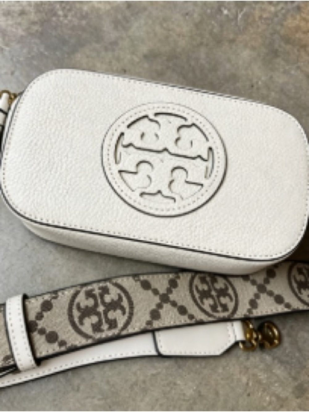 Tory Burch White Pebbled Leather Camera Bag with Logo Strap